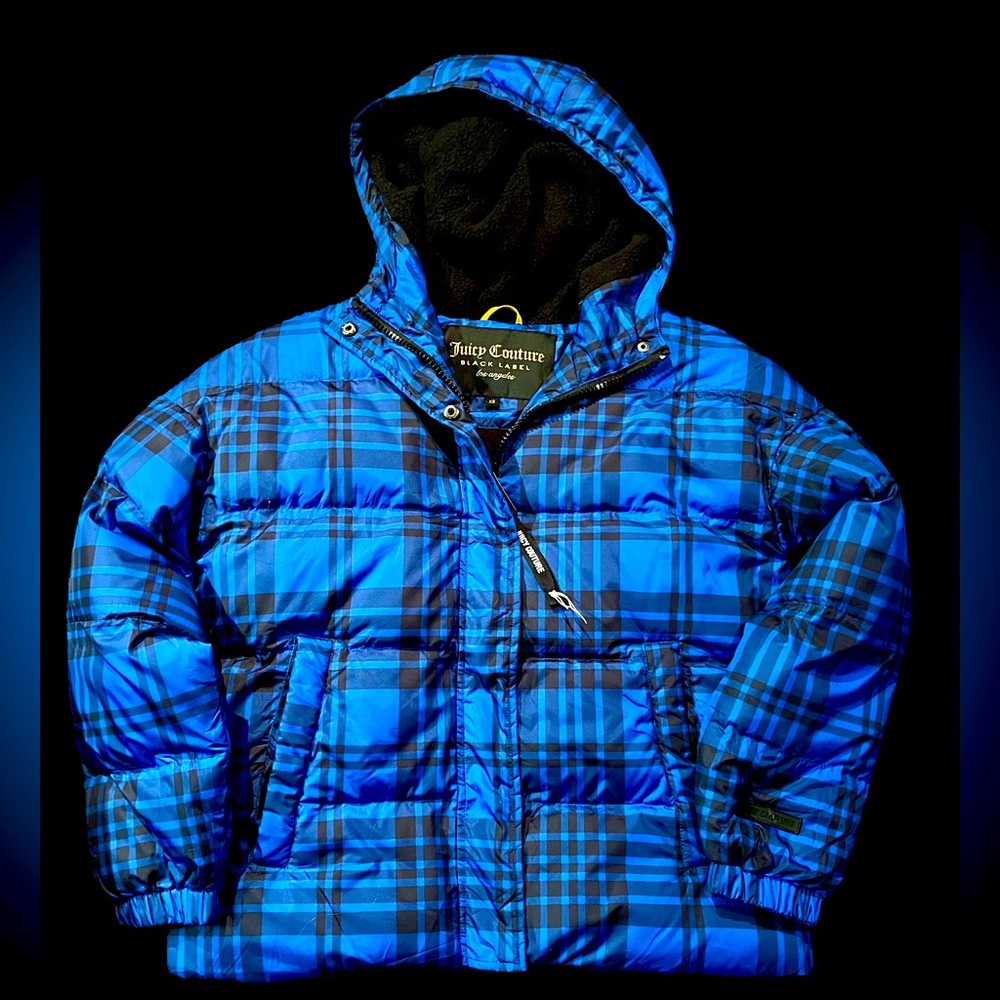 New Juicy Couture Mod Royal Tartan Puffer Coat in Blue Plaid